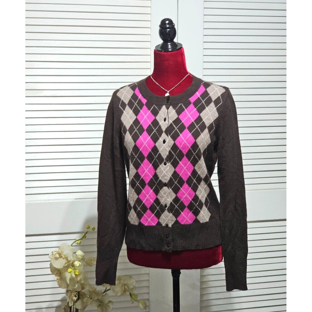 NWT Cashmere by Lord & Taylor Brown/pink Argyle button front Cardigan Sz M 2892